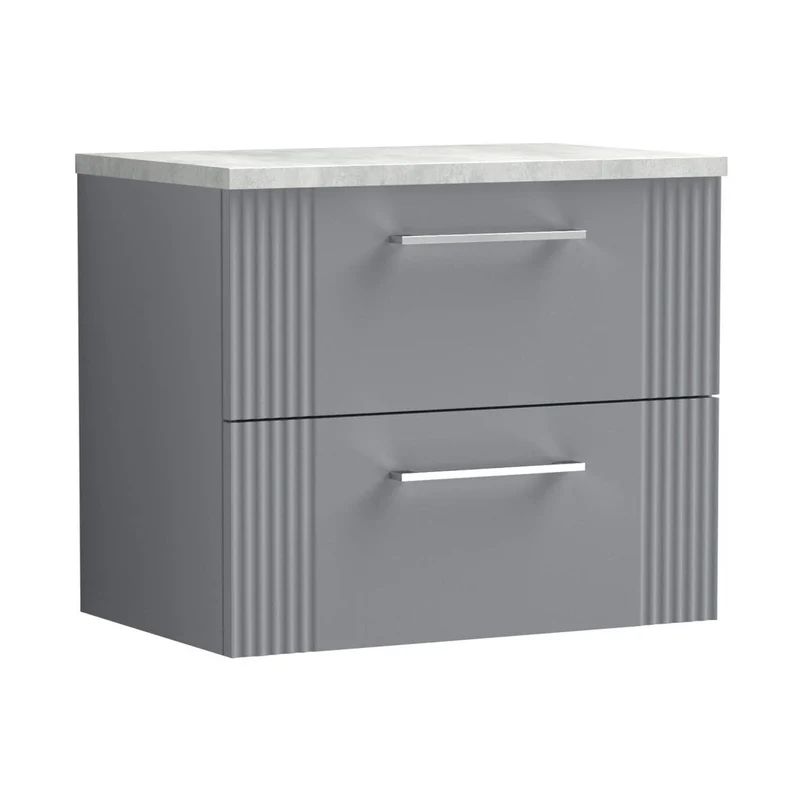 Nuie Deco 600mm Wall Hung 2 Drawer Vanity & Laminate Top Contemporary Satin Grey MFC Painted Gloss 522x605x390mm - DPF293LBG
