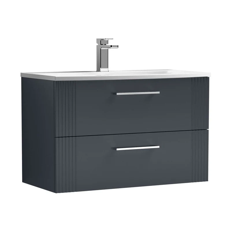 Nuie Deco 800mm Wall Hung 2 Drawer Vanity & Basin 4 Contemporary Soft Black MFC Painted Gloss 530x810x440mm