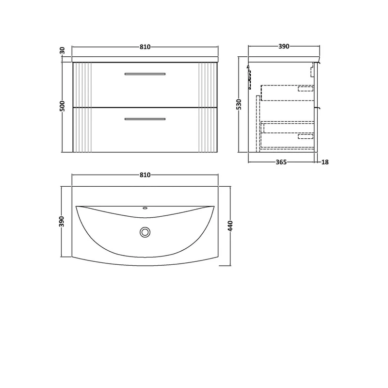 Nuie Deco 800mm Wall Hung 2 Drawer Vanity & Basin 4 Contemporary Soft Black MFC Painted Gloss 530x810x440mm