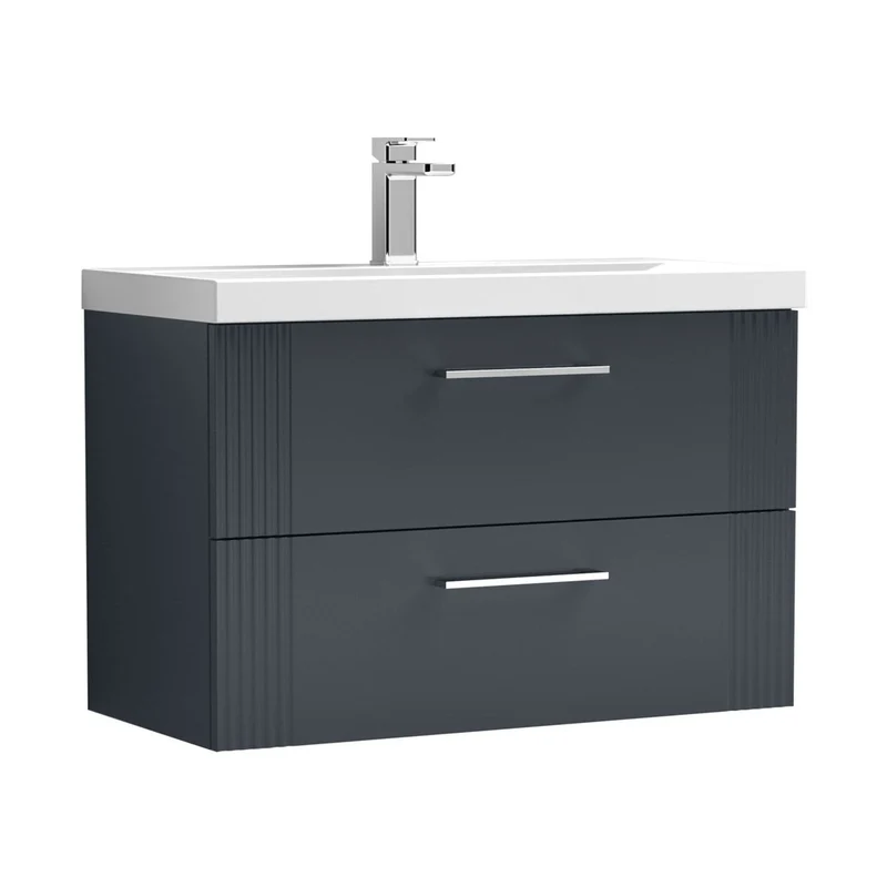 Nuie Deco 800mm Wall Hung 2 Drawer Vanity & Basin 3 Contemporary Soft Black MFC Painted Gloss 550x810x395mm