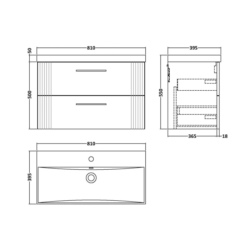 Nuie Deco 800mm Wall Hung 2 Drawer Vanity & Basin 3 Contemporary Soft Black MFC Painted Gloss 550x810x395mm