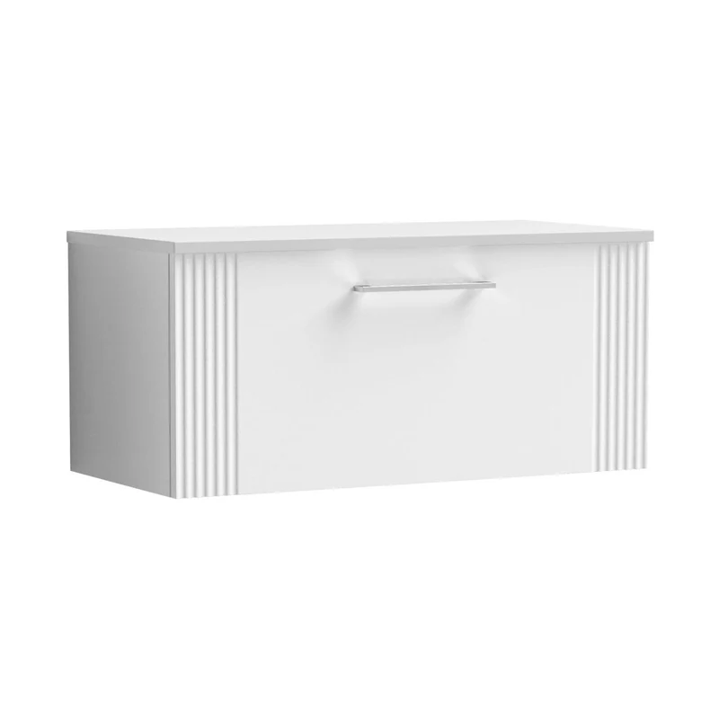 Nuie Deco 800mm Wall Hung Single Drawer Vanity & Worktop Contemporary Satin White MFC Painted Gloss 377x810x390mm