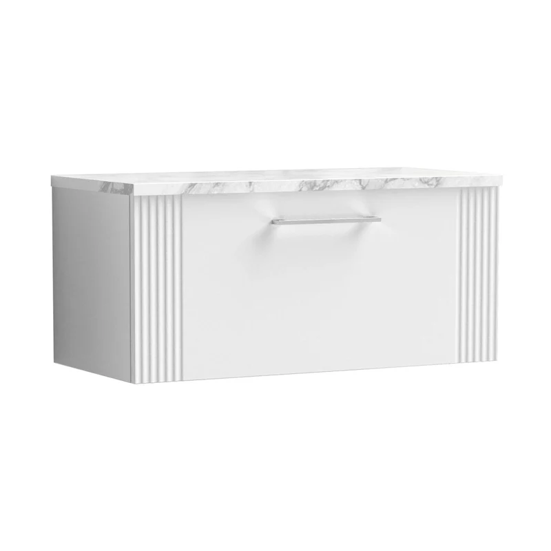 Nuie Deco 800 Wall Hung Single Drawer Vanity & Laminate Worktop Contemporary Satin White MFC Painted Gloss 381x805x390mm