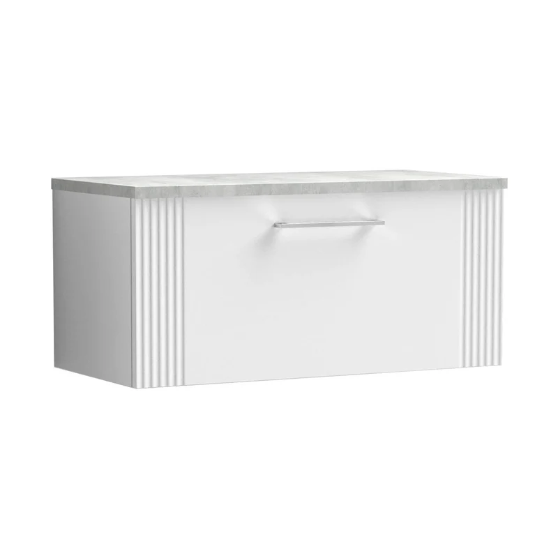 Nuie Deco 800mm Wall Hung Single Drawer Vanity & Laminate Top Contemporary Satin White MFC Painted Gloss 381x805x390mm - DPF196LBG