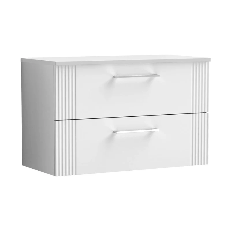 Nuie Deco 800mm Wall Hung 2 Drawer Vanity & Worktop Contemporary Satin White MFC Painted Gloss 518x810x390mm