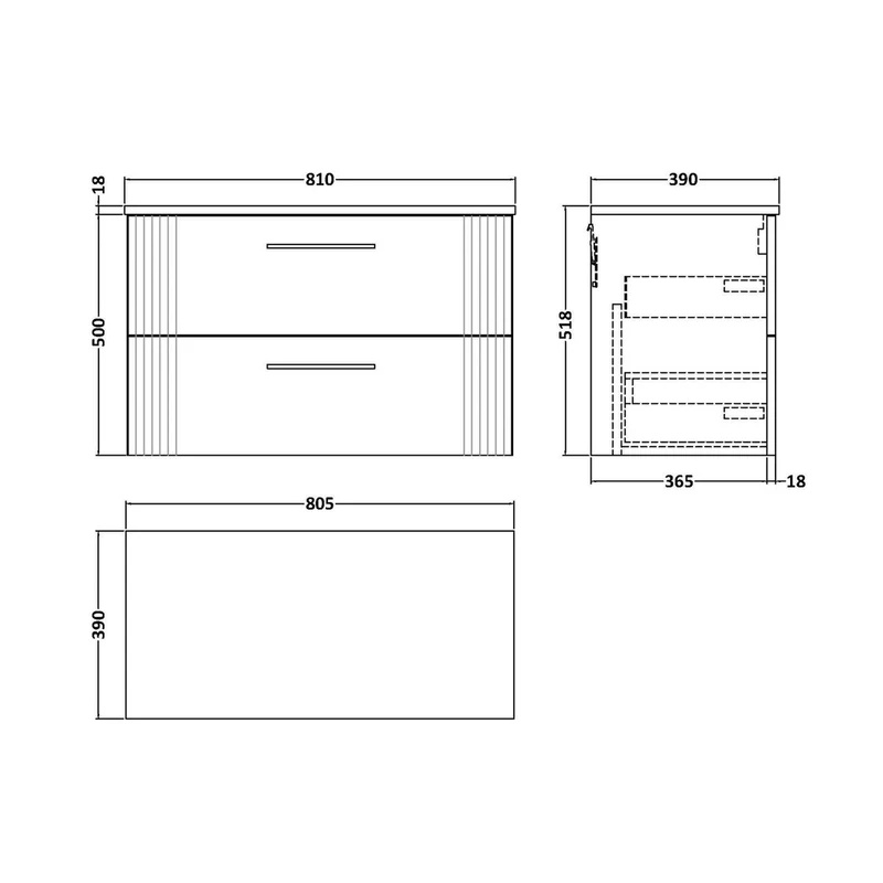 Nuie Deco 800mm Wall Hung 2 Drawer Vanity & Worktop Contemporary Satin White MFC Painted Gloss 518x810x390mm
