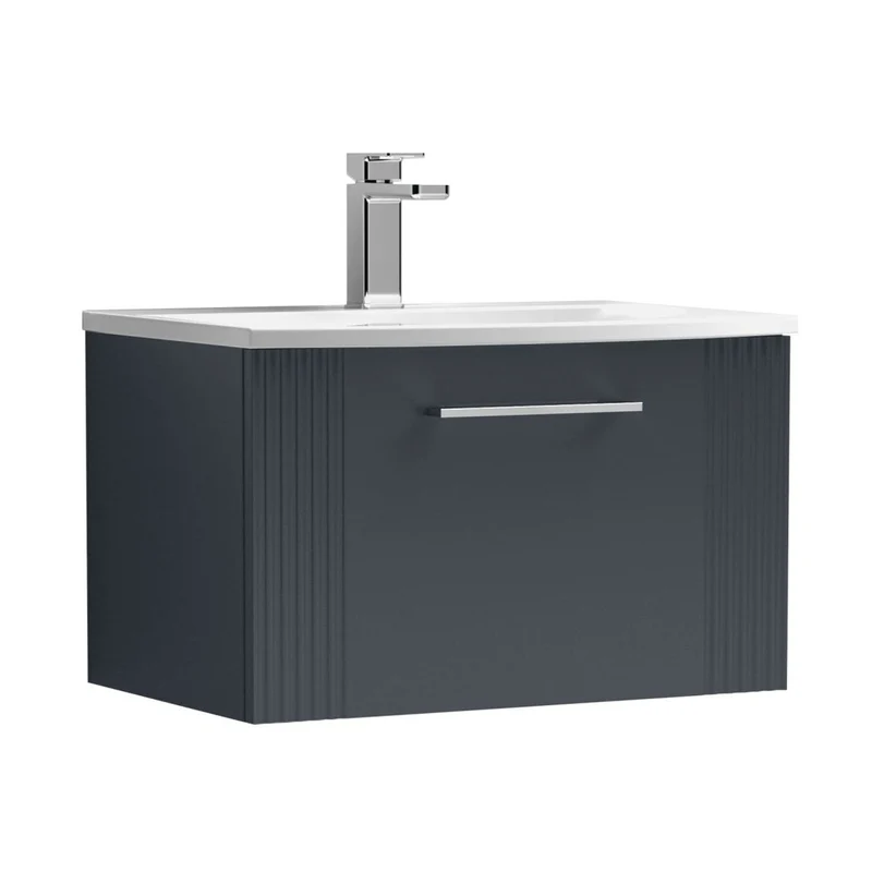 Nuie Deco 600mm Wall Hung Single Drawer Vanity & Basin 4 Contemporary Soft Black MFC Painted Gloss 389x610x440mm