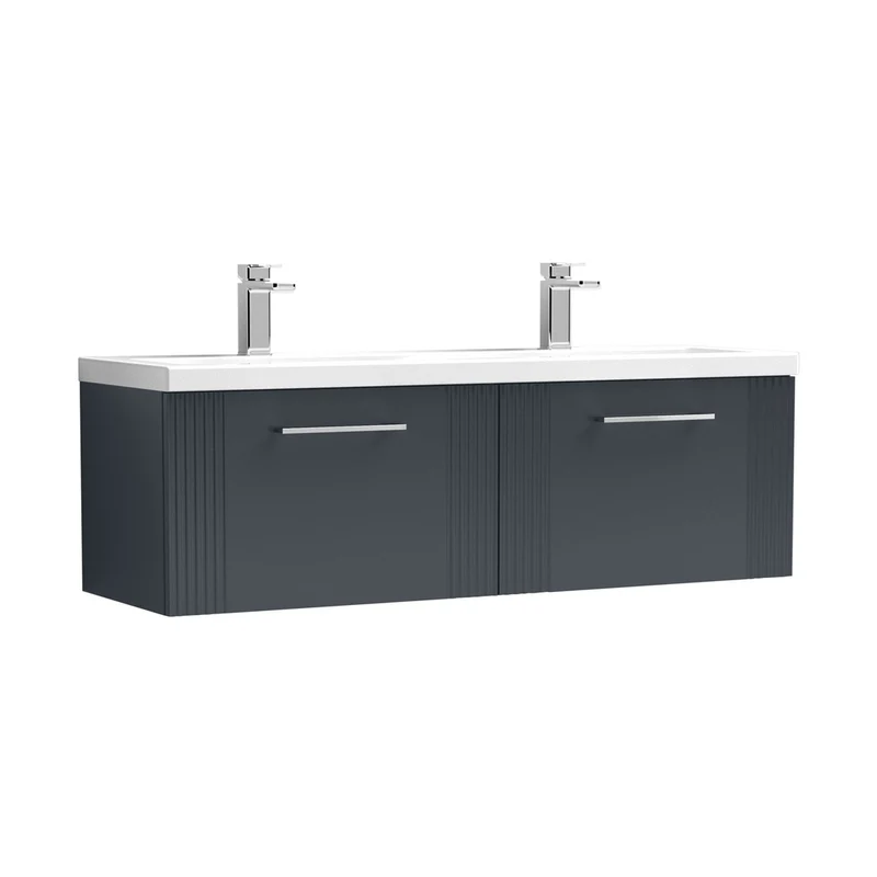 Nuie Deco 1200mm Wall Hung 2 Drawer Vanity & Double Basin Contemporary Soft Black MFC Painted Gloss 399x1205x390mm - DPF1494F