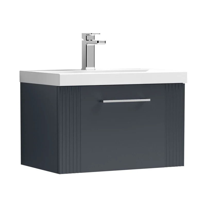 Nuie Deco 600mm Wall Hung Single Drawer Vanity & Basin 3 Contemporary Soft Black MFC Painted Gloss 409x610x395mm