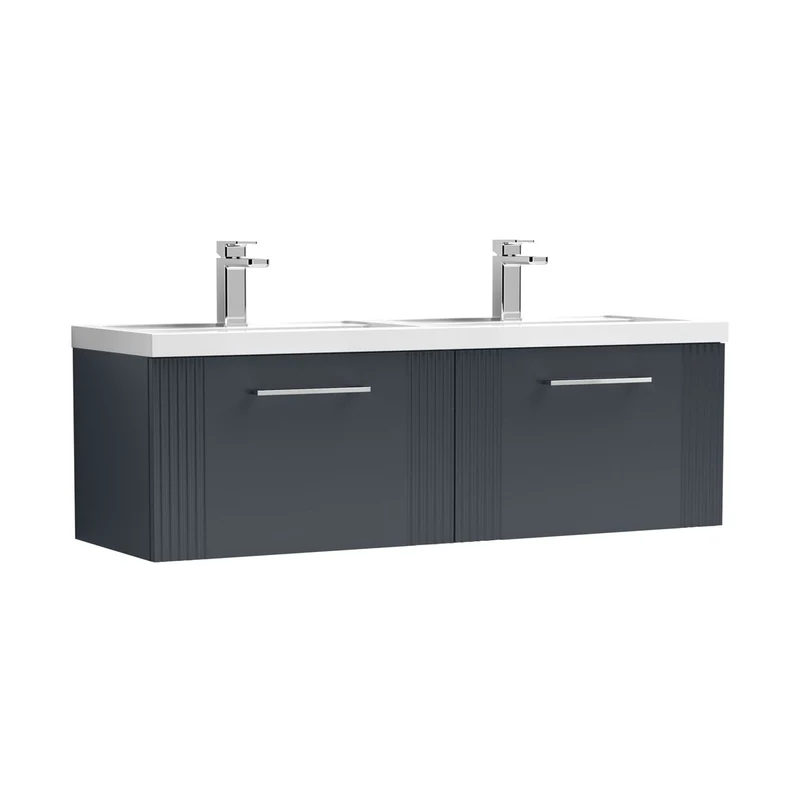 Nuie Deco 1200mm Wall Hung 2 Drawer Vanity & Double Basin Contemporary Soft Black MFC Painted Gloss 399x1205x390mm - DPF1494C