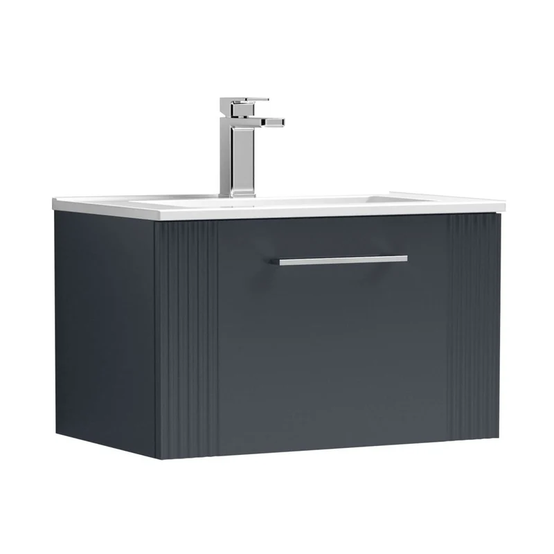 Nuie Deco 600mm Wall Hung Single Drawer Vanity & Basin 2 Contemporary Soft Black MFC Painted Gloss 377x605x395mm