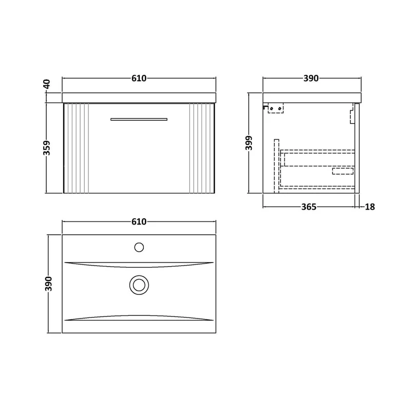 Nuie Deco 600mm Wall Hung Single Drawer Vanity & Basin 1 Contemporary Soft Black MFC Painted Gloss 399x610x390mm