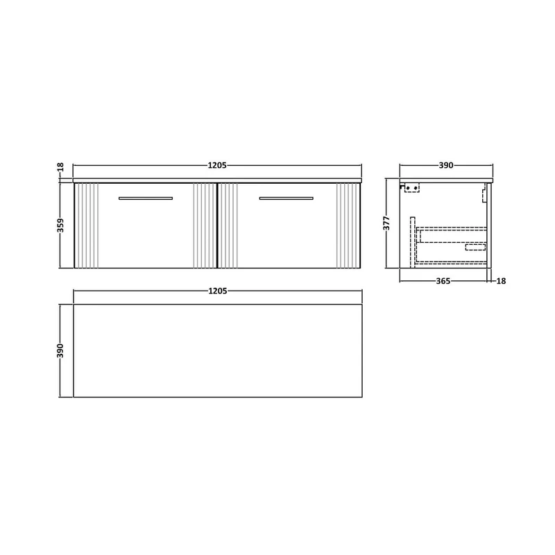 Nuie Deco 1200mm Wall Hung 2 Drawer Vanity & Worktop Contemporary Satin White MFC Painted Gloss 377x1205x390mm