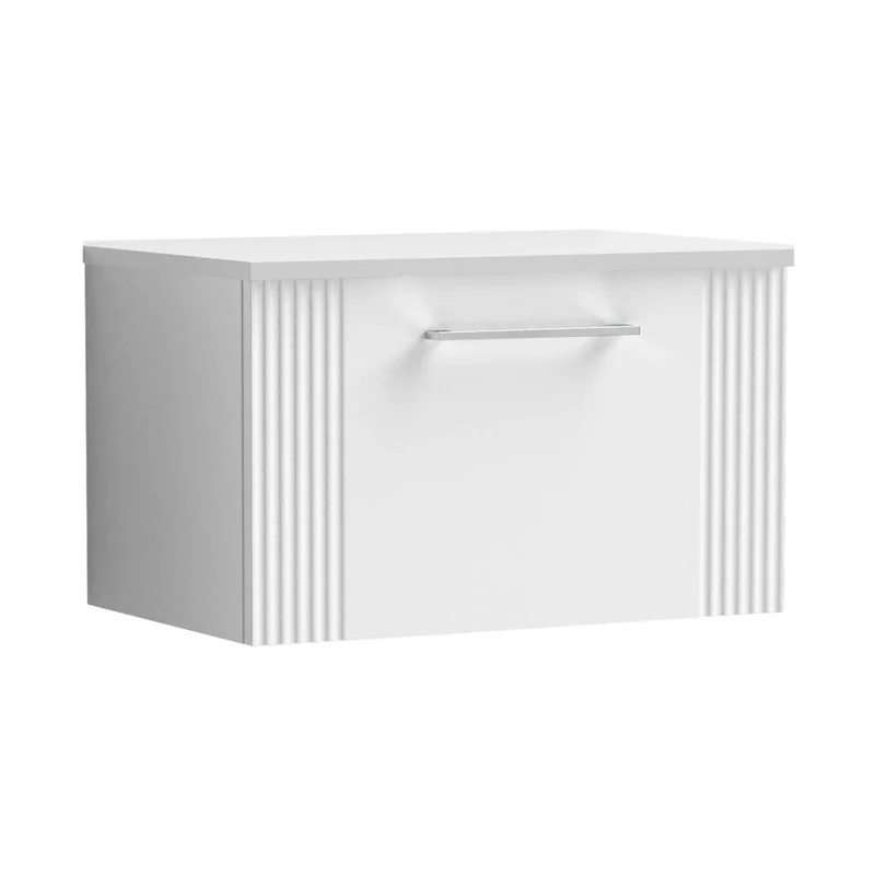 Nuie Deco 600mm Wall Hung Single Drawer Vanity & Worktop Contemporary Satin White MFC Painted Gloss 377x605x390mm
