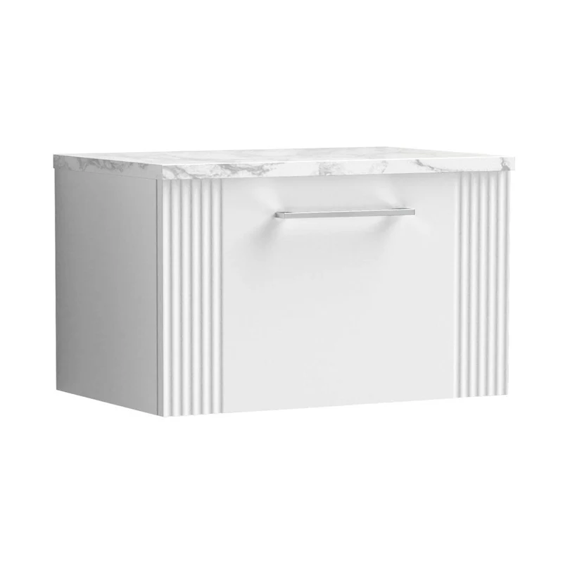 Nuie Deco 600 Wall Hung Single Drawer Vanity & Laminate Worktop Contemporary Satin White MFC Painted Gloss 381x605x390mm