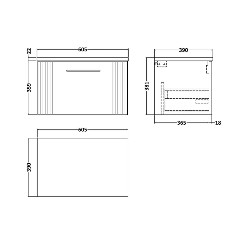 Nuie Deco 600 Wall Hung Single Drawer Vanity & Laminate Worktop Contemporary Satin White MFC Painted Gloss 381x605x390mm