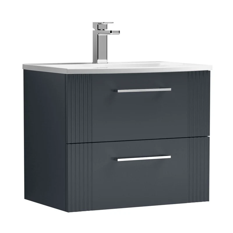 Nuie Deco 600mm Wall Hung 2 Drawer Vanity & Basin 4 Contemporary Soft Black MFC Painted Gloss 530x610x440mm