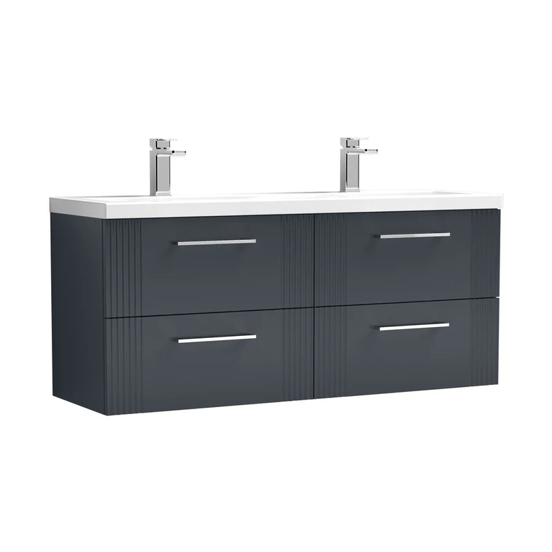 Nuie Deco 1200mm Wall Hung 4 Drawer Vanity & Double Basin Contemporary Soft Black MFC Painted Gloss 540x1205x390mm - DPF1493F
