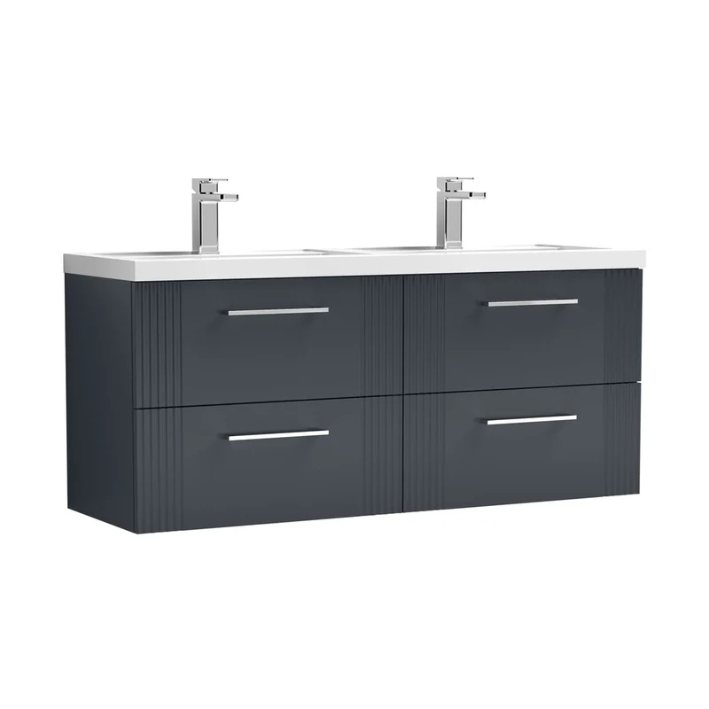 Nuie Deco 1200mm Wall Hung 4 Drawer Vanity & Double Basin Contemporary Soft Black MFC Painted Gloss 540x1205x390mm - DPF1493C