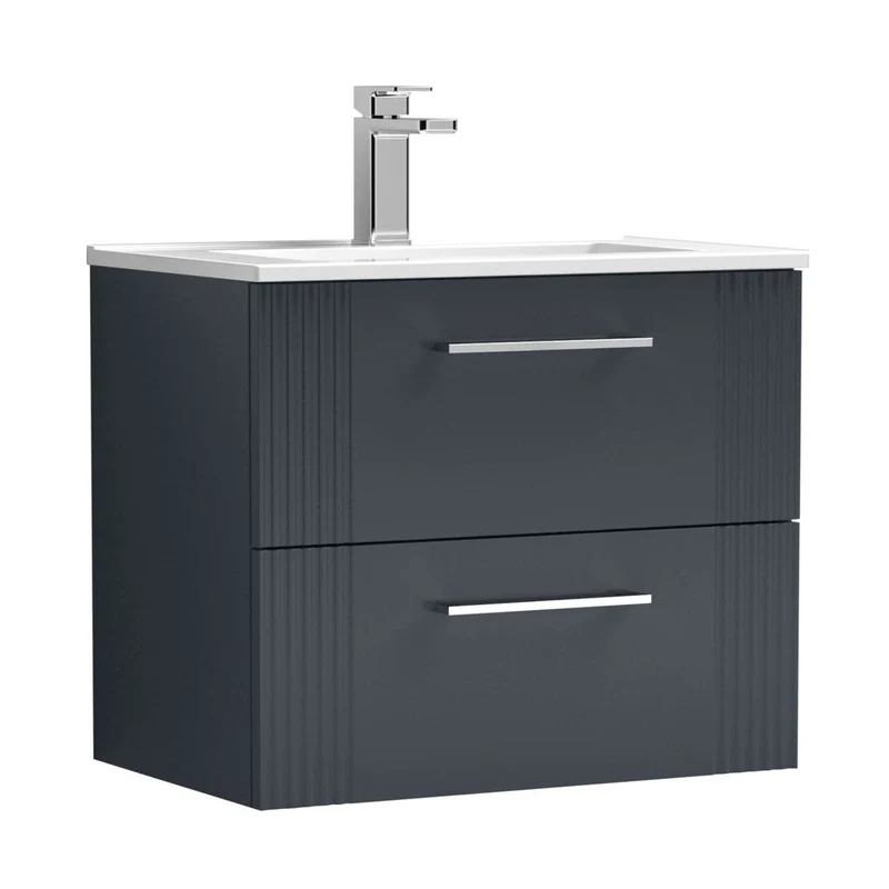 Nuie Deco 600mm Wall Hung 2 Drawer Vanity & Basin 2 Contemporary Soft Black MFC Painted Gloss 518x605x395mm