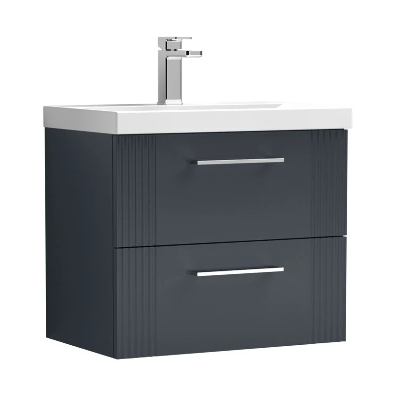 Nuie Deco 600mm Wall Hung 2 Drawer Vanity & Basin 1 Contemporary Soft Black MFC Painted Gloss 540x610x390mm