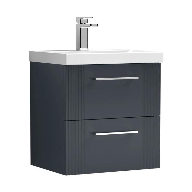Nuie Deco 500mm Wall Hung 2 Drawer Vanity & Basin 3 Contemporary Soft Black MFC Painted Gloss 550x510x395mm