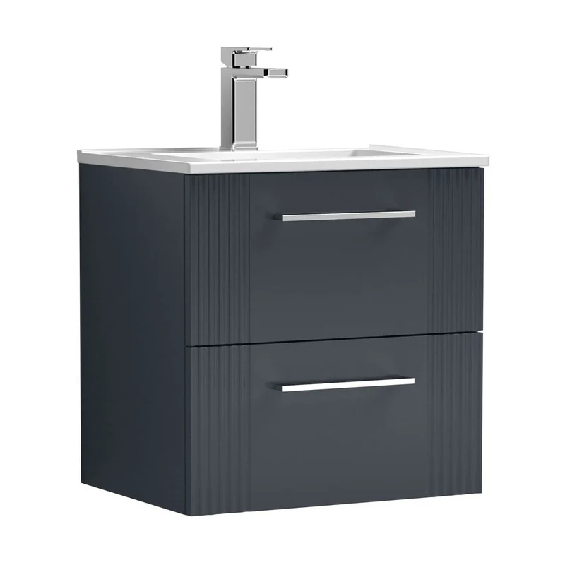 Nuie Deco 500mm Wall Hung 2 Drawer Vanity & Basin 2 Contemporary Soft Black MFC Painted Gloss 518x505x395mm