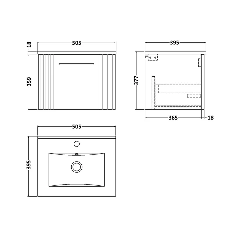 Nuie Deco 500mm Wall Hung Single Drawer Vanity & Basin 2 Contemporary Soft Black MFC Painted Gloss 377x505x395mm