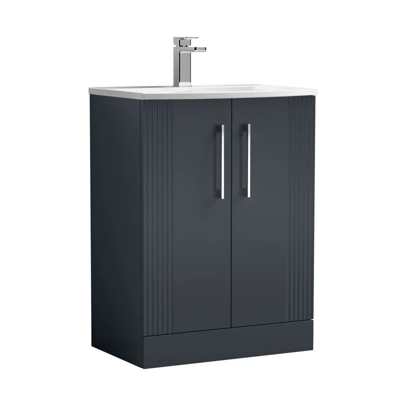 Nuie Deco 600mm Floor Standing 2 Door Vanity & Basin 4 Contemporary Soft Black MFC Painted Gloss 840x610x440mm