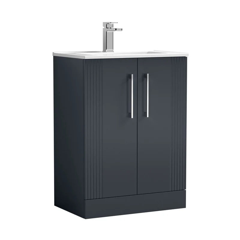 Nuie Deco 600mm Floor Standing 2 Door Vanity & Basin 2 Contemporary Soft Black MFC Painted Gloss 828x605x395mm