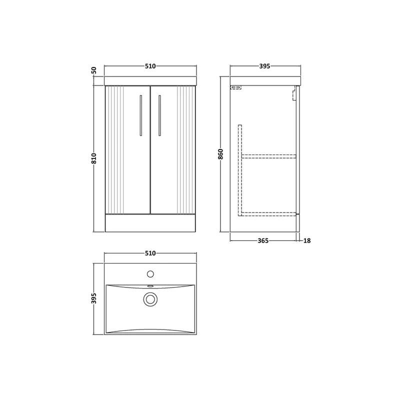 Nuie Deco 500mm Floor Standing 2 Door Vanity & Basin 3 Contemporary Soft Black MFC Painted Gloss 860x510x395mm