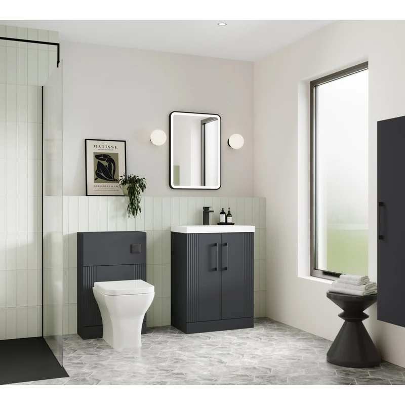 Nuie Deco 500mm Floor Standing 2 Door Vanity & Basin 2 Contemporary Soft Black MFC Painted Gloss 828x505x395mm