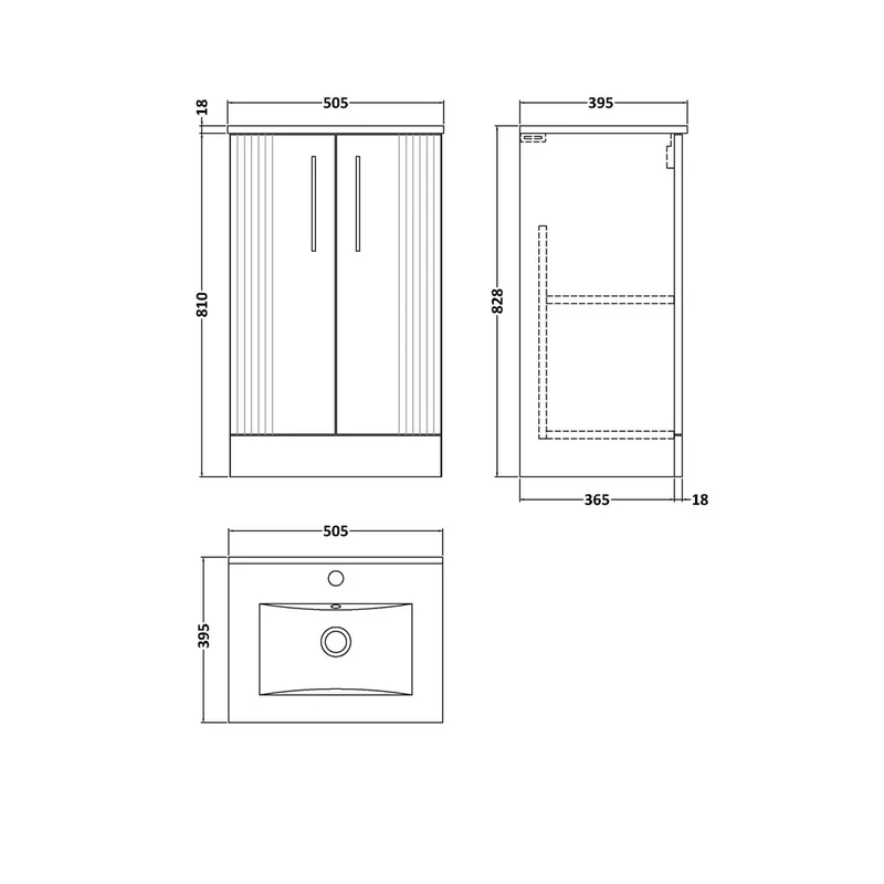 Nuie Deco 500mm Floor Standing 2 Door Vanity & Basin 2 Contemporary Soft Black MFC Painted Gloss 828x505x395mm