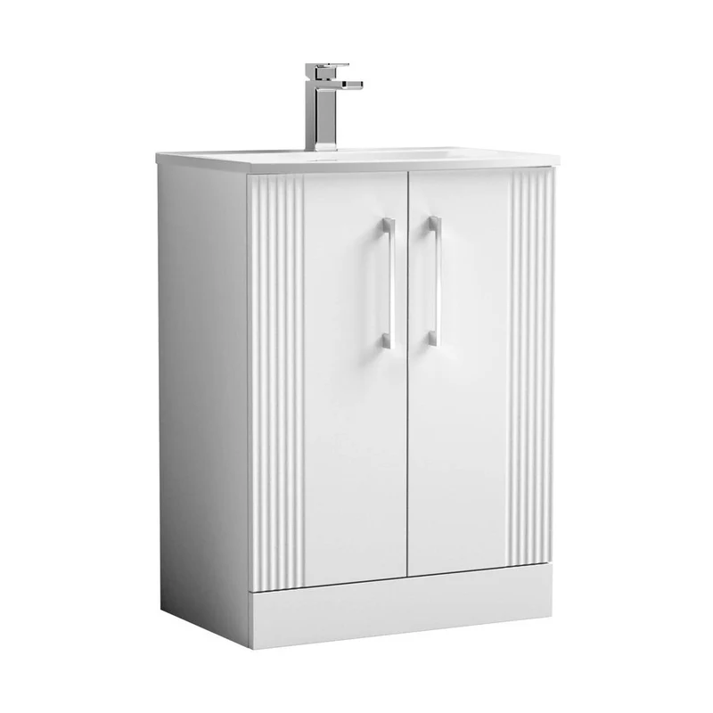 Nuie Deco 600mm Floor Standing 2 Door Vanity & Basin 4 Contemporary Satin White MFC Painted Gloss 840x610x440mm