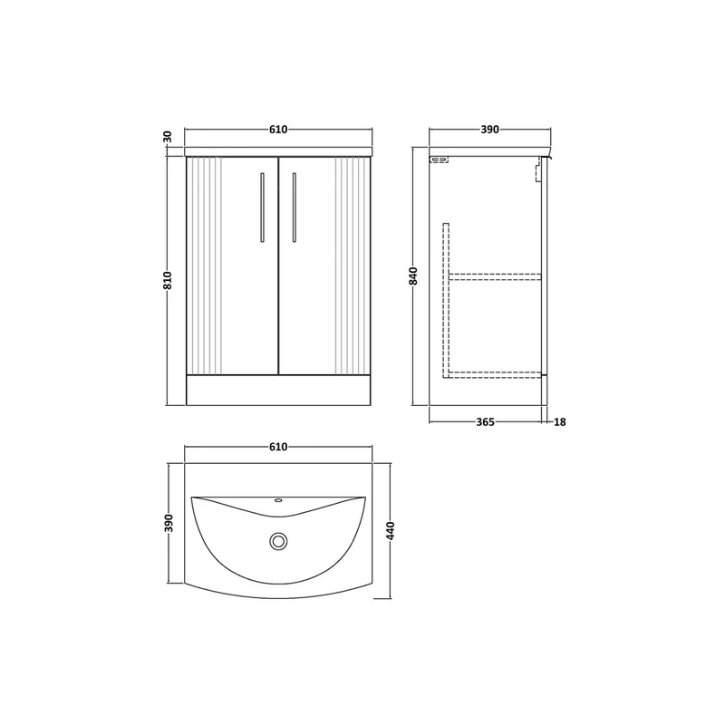 Nuie Deco 600mm Floor Standing 2 Door Vanity & Basin 4 Contemporary Satin White MFC Painted Gloss 840x610x440mm
