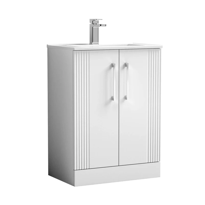 Nuie Deco 600mm Floor Standing 2 Door Vanity & Basin 2 Contemporary Satin White MFC Painted Gloss 828x605x395mm