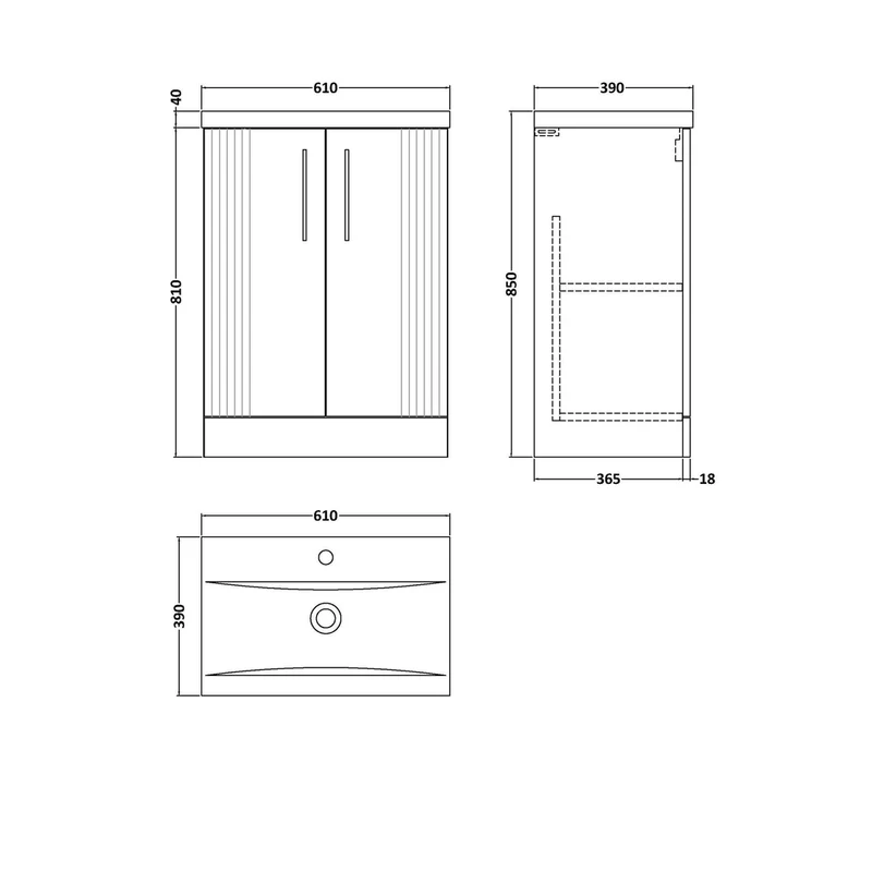 Nuie Deco 600mm Floor Standing 2 Door Vanity & Basin 1 Contemporary Satin White MFC Painted Gloss 850x610x390mm
