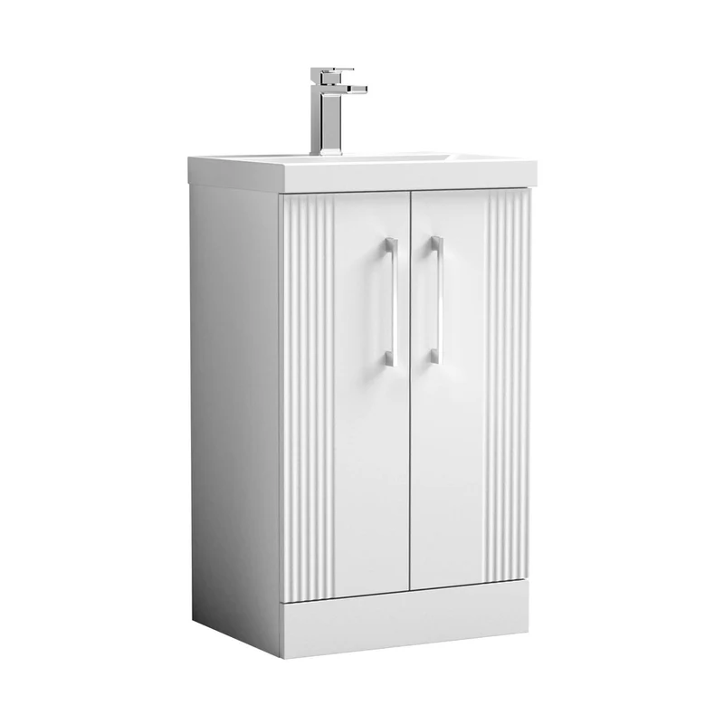 Nuie Deco 500mm Floor Standing 2 Door Vanity & Basin 3 Contemporary Satin White MFC Painted Gloss 860x510x395mm