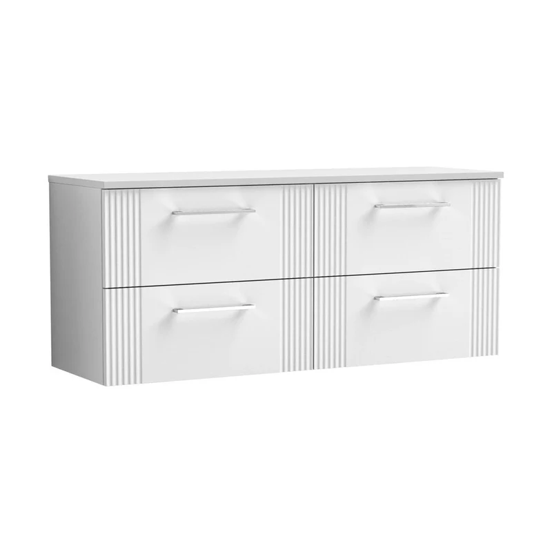 Nuie Deco 1200mm Wall Hung 4 Drawer Vanity & Worktop Contemporary Satin White MFC Painted Gloss 518x1205x390mm