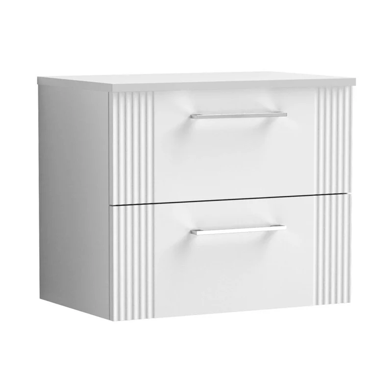 Nuie Deco 600mm Wall Hung 2 Drawer Vanity & Worktop Contemporary Satin White MFC Painted Gloss 518x605x390mm