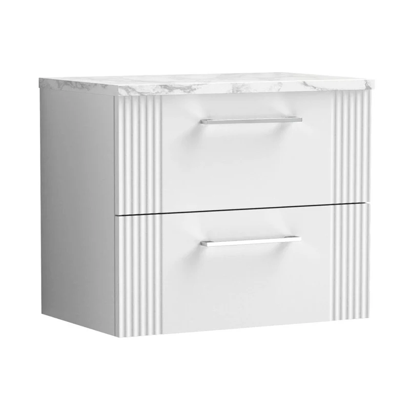 Nuie Deco 600 Wall Hung 2-drawer Vanity & Laminate Worktop Contemporary Satin White MFC Painted Gloss 522x605x390mm