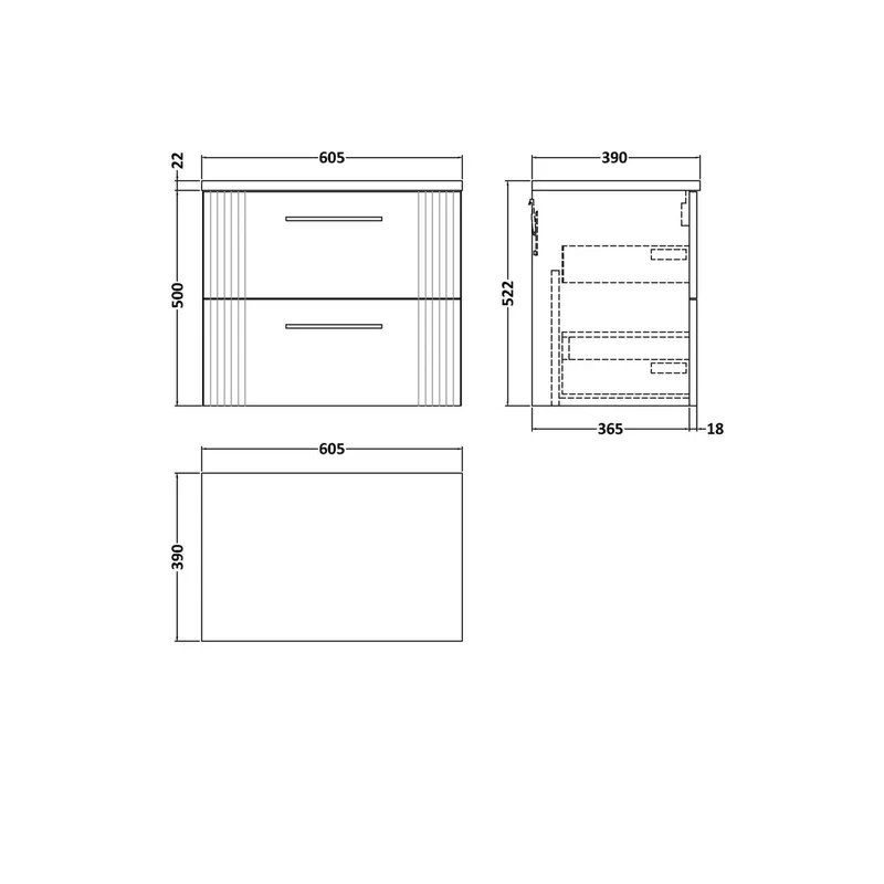 Nuie Deco 600 Wall Hung 2-drawer Vanity & Laminate Worktop Contemporary Satin White MFC Painted Gloss 522x605x390mm