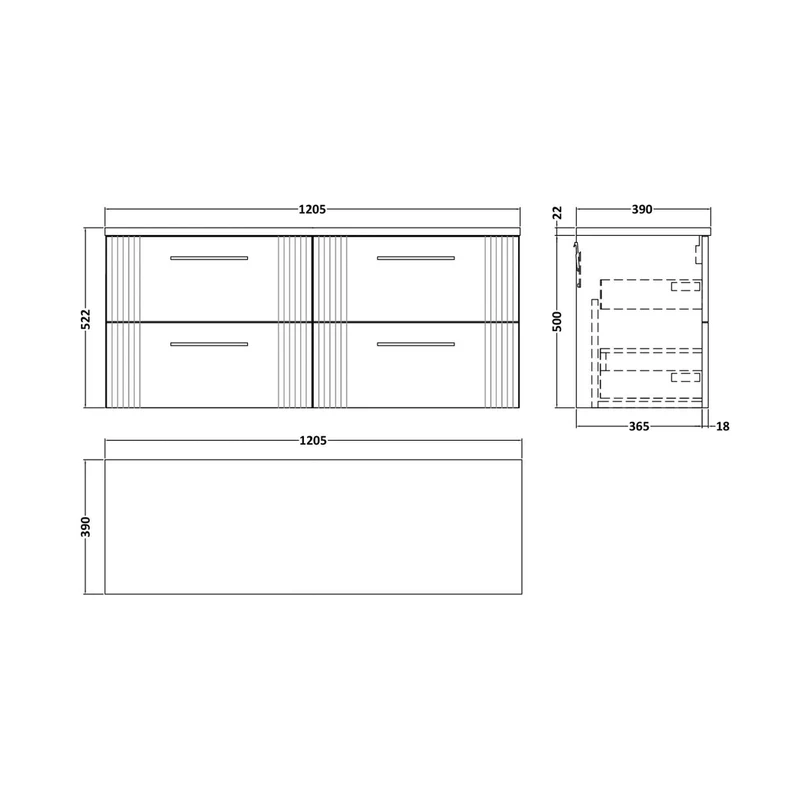 Nuie Deco 1200 Wall Hung 4-drawer Vanity & Laminate Worktop Contemporary Satin White MFC Painted Gloss 545x1215x455mm - DPF193LBG2