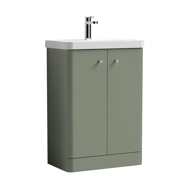 Nuie Core 600mm Floor Standing 2 Door Unit & Basin Contemporary Satin Green MFC Painted Matt 863x605x355mm