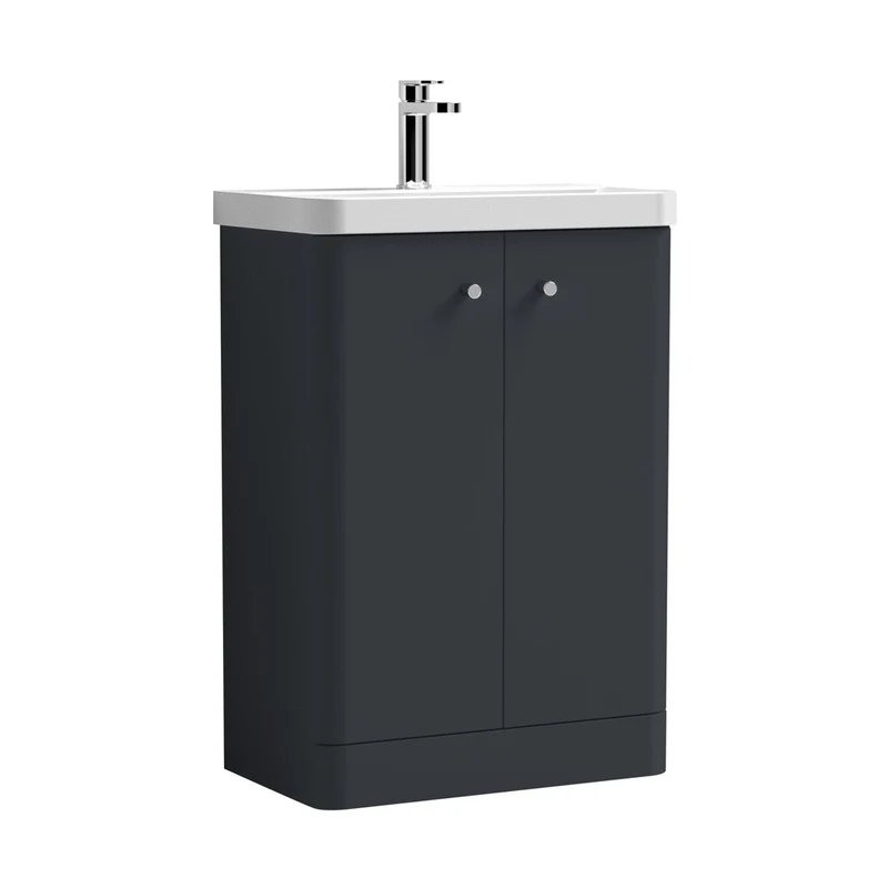 Nuie Core 600mm Floor Standing 2 Door Unit & Basin Contemporary Soft Black MFC Painted Matt 863x605x355mm