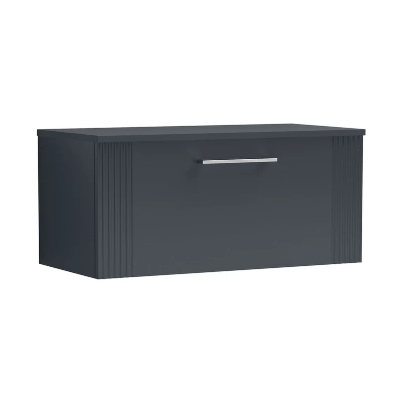 Nuie Deco 800mm Wall Hung Single Drawer Vanity & Worktop Contemporary Soft Black MFC Painted Gloss 377x810x390mm