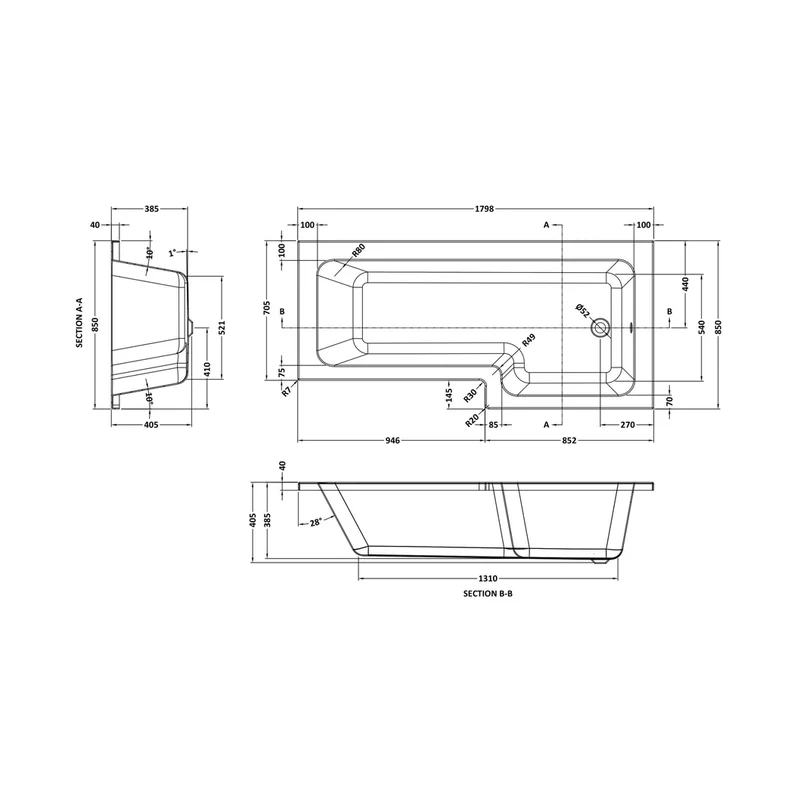 Nuie 1800mm Right Hand Square Shower Bath Contemporary White Acrylic
