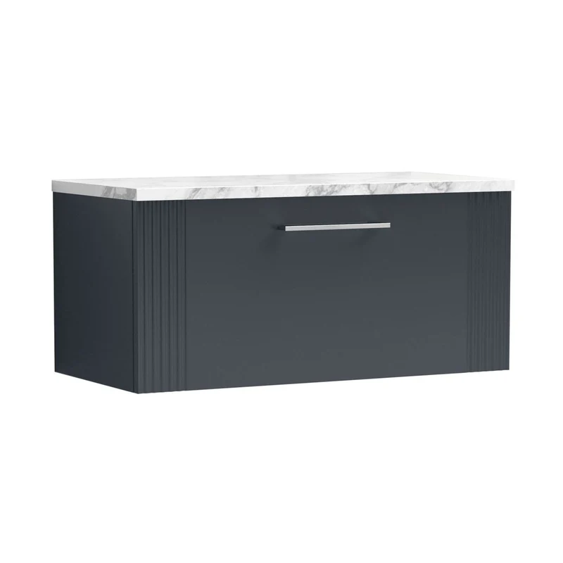 Nuie Deco 800 Wall Hung Single Drawer Vanity & Laminate Worktop Contemporary Soft Black MFC Painted Gloss 381x805x390mm