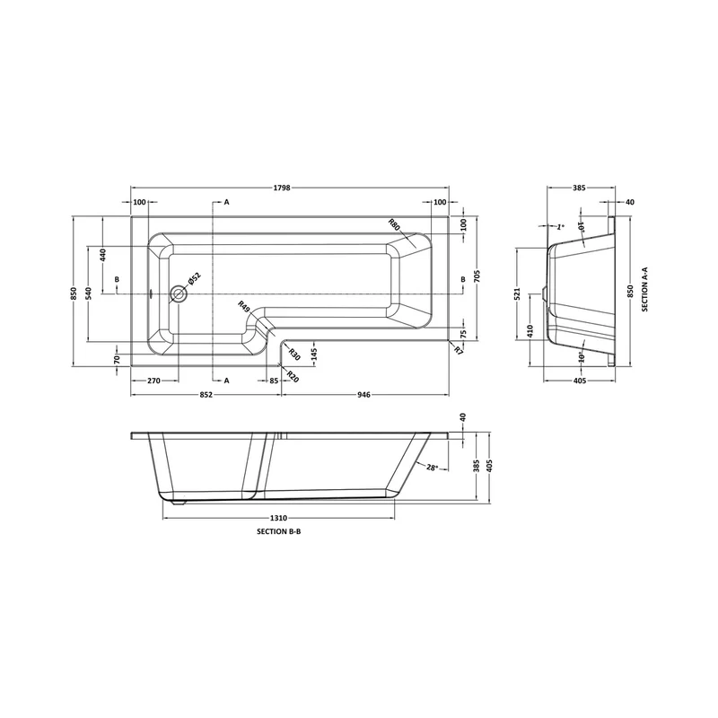 Nuie 1800mm Left Hand Square Shower Bath Contemporary White Acrylic
