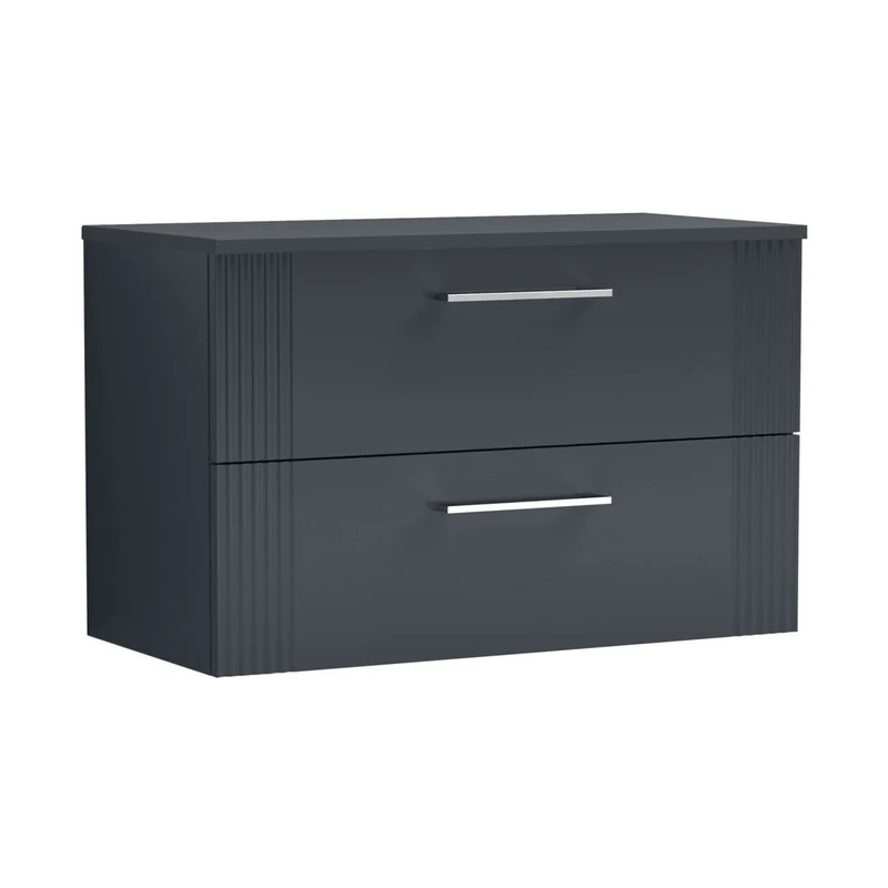 Nuie Deco 800mm Wall Hung 2 Drawer Vanity & Worktop Contemporary Soft Black MFC Painted Gloss 518x810x390mm